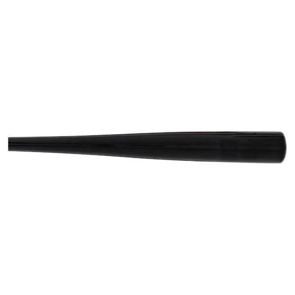 Side view of a black baseball bat with a glossy finish and visible branding.