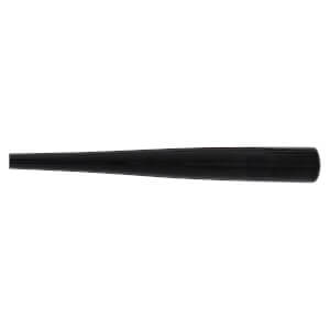 Side view of a black baseball bat with a glossy finish and visible branding.