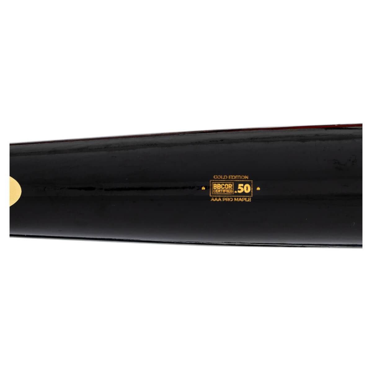 Close-up of a black baseball bat showing gold lettering that reads "GOLD EDITION BBCOR .50 CERTIFIED AAA PRO MAPLE".