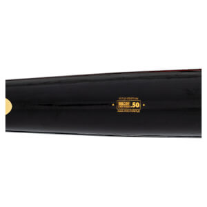 Close-up of a black baseball bat showing gold lettering that reads "GOLD EDITION BBCOR .50 CERTIFIED AAA PRO MAPLE".