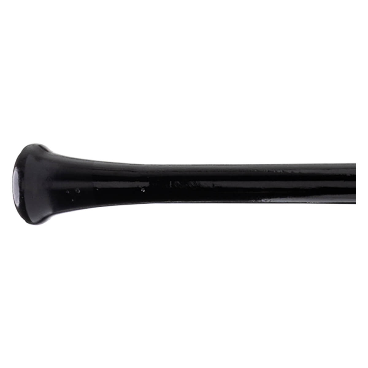 Close-up of the knob end of a black baseball bat with a smooth, rounded finish.
