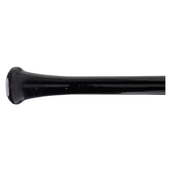 Close-up of the knob end of a black baseball bat with a smooth, rounded finish.