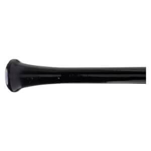 Close-up of the knob end of a black baseball bat with a smooth, rounded finish.