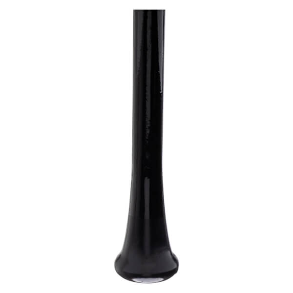 Bottom view of a black, glossy baseball bat with a flared knob.
