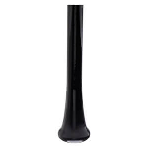 Bottom view of a black, glossy baseball bat with a flared knob.