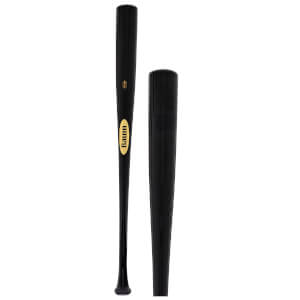 Front view of a black baseball bat with a gold oval "Baum" logo and "50" visible.