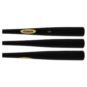 Side view of three black Baum bats, with gold "Baum" logo on the top bat and "50" visible.