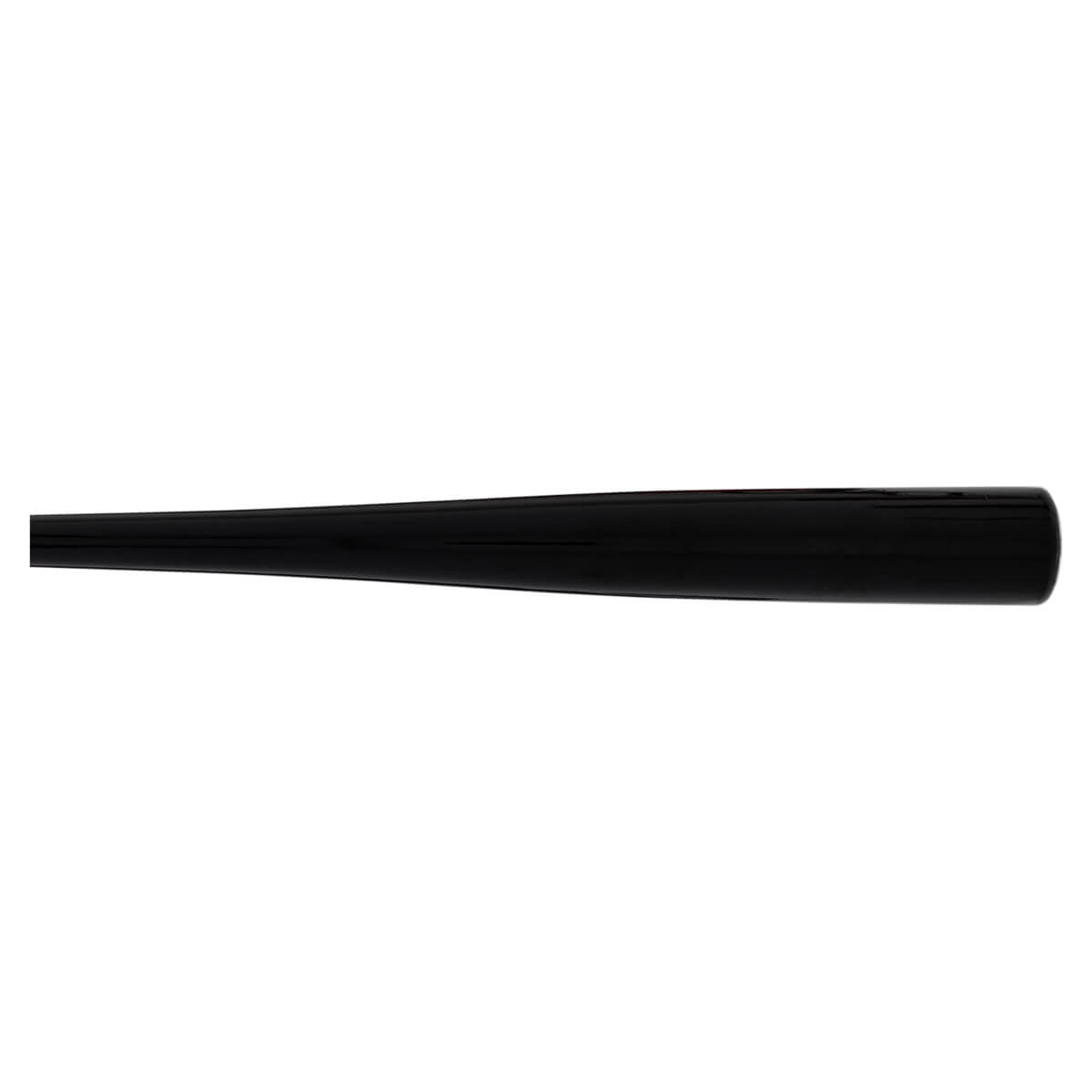 Side view of a glossy black baseball bat with a tapered barrel and handle.