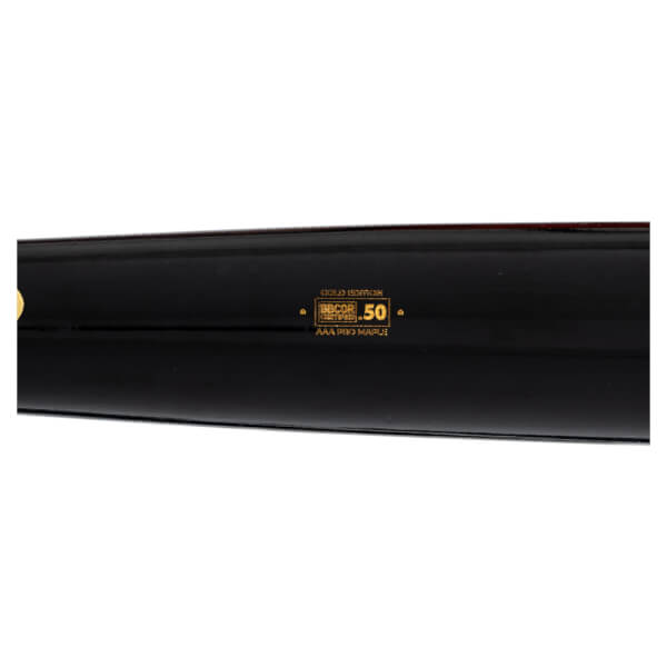 Close-up of a black baseball bat showing "GOLD EDITION", "BBCOR CERTIFIED", "50", and "AAA PRO MAPLE" in gold lettering.