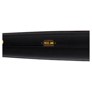 Close-up of a black baseball bat showing "GOLD EDITION", "BBCOR CERTIFIED", "50", and "AAA PRO MAPLE" in gold lettering.