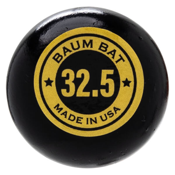 Close-up of the knob of a black Baum Bat, showing "32.5" and "MADE IN USA" in yellow text.