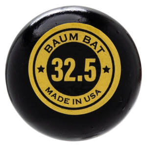 Close-up of the knob of a black Baum Bat, showing "32.5" and "MADE IN USA" in yellow text.