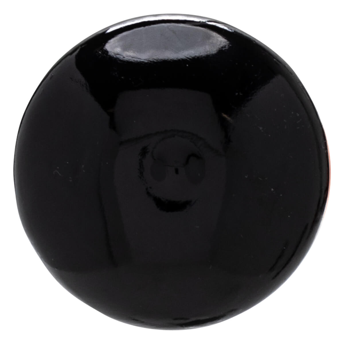 Front view of a glossy black sphere with a subtle smiley face imprint.