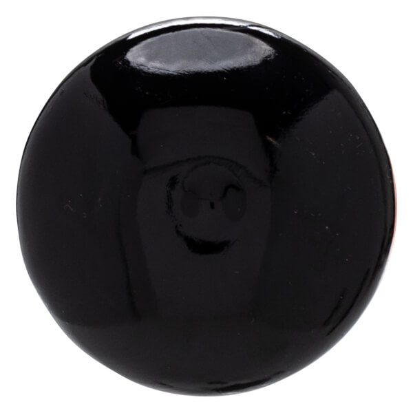 Front view of a glossy black sphere with a subtle smiley face imprint.