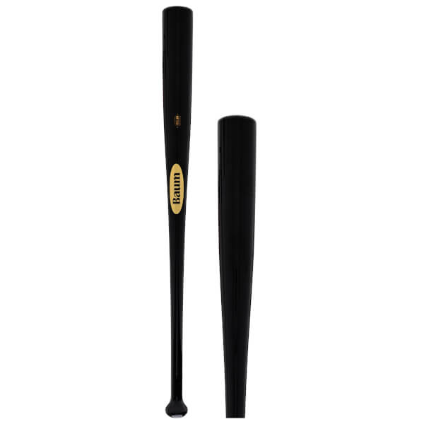 Front view of a black baseball bat with a gold oval logo reading "Baum".