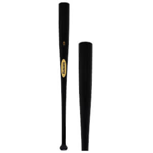 Front view of a black baseball bat with a gold oval logo reading "Baum".