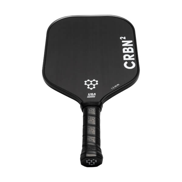 Front view of a black pickleball paddle with CRBN² branding, a honeycomb logo, and 13mm USA text.