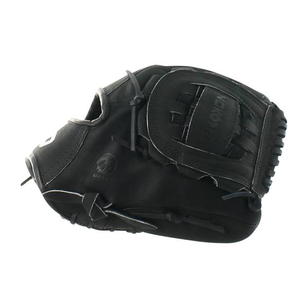 Side view of a black baseball glove with white stitching and NOKONA embossed on the wrist strap.