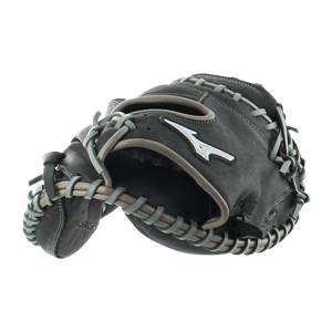 Side view of a black catchers mitt with grey lacing and a white Mizuno logo.