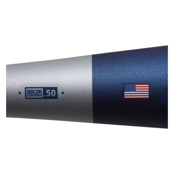 Side view of a silver and blue baseball bat with BBCOR .50 Certified logo and American flag decal.