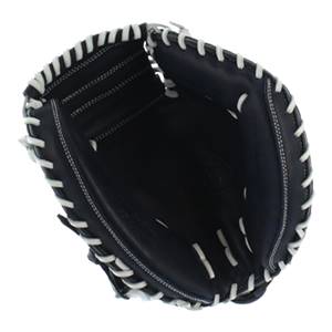 Top-down view of a navy blue baseball glove with white lacing and a deep pocket.