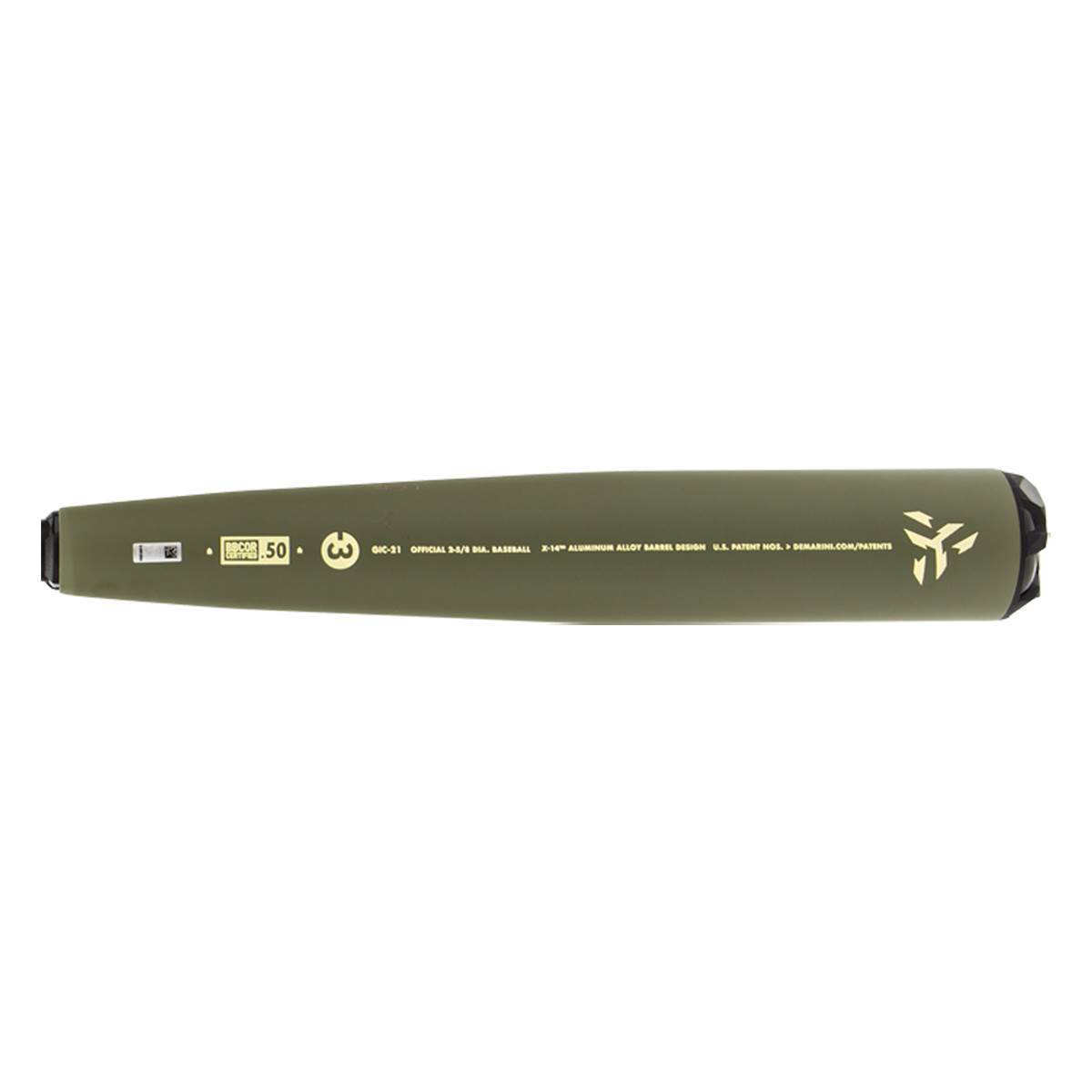 Top-down view of a green baseball bat with 50 and a three-pronged logo.