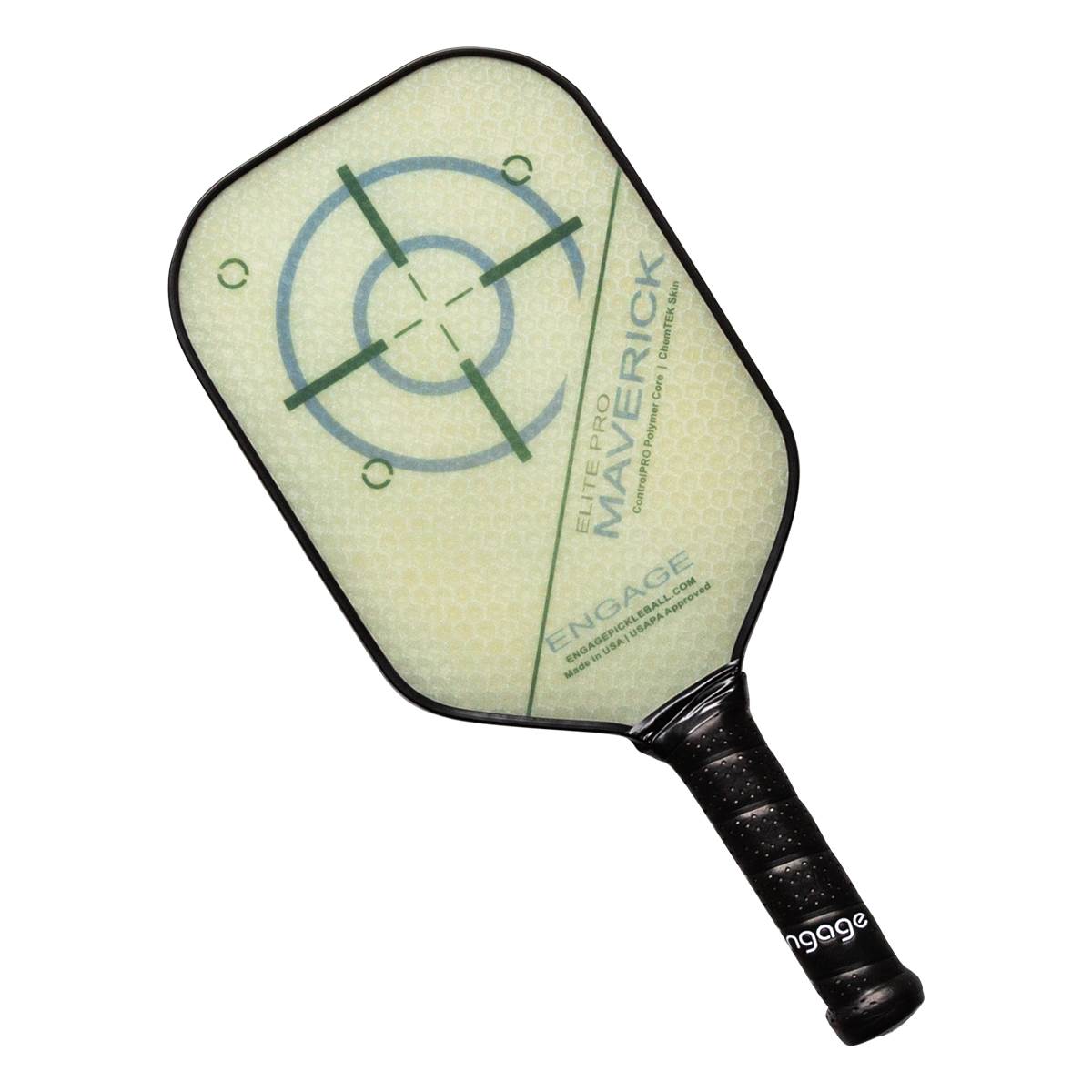 Top-down view of a light green pickleball paddle with a target graphic and Maverick text.