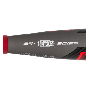 Side view of a black baseball bat with red accents, showing 2 3/4, 1.15 BPF, and 30/25 markings.