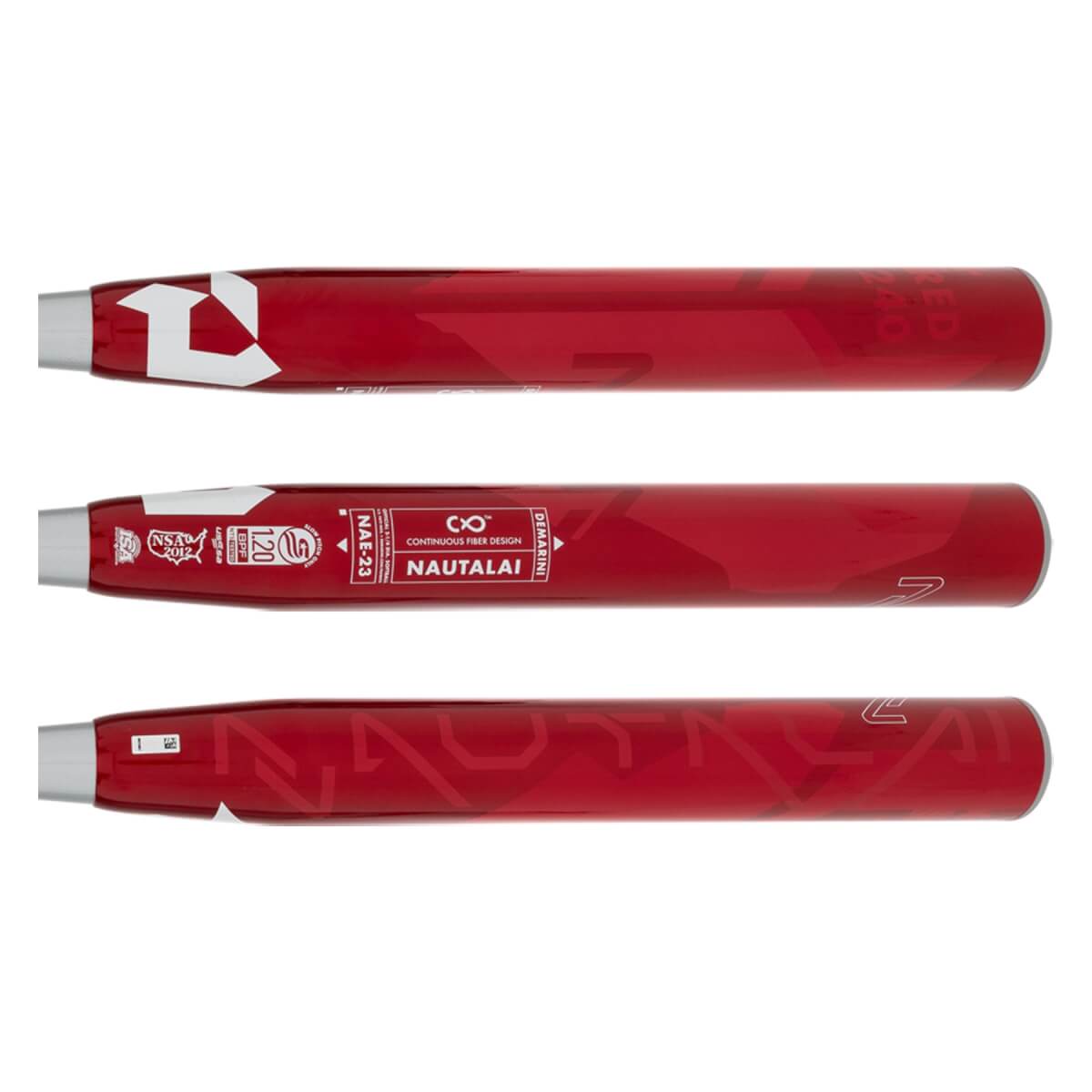 Side view of a red DeMarini Nautalai slow pitch softball bat with USSSA and NAE-23 markings.