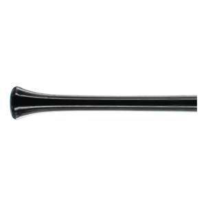 Side view of a black baseball bat with a flared knob and smooth barrel.