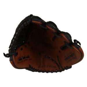 Inside view of a brown and black Easton Rival fastpitch glove with RIVAL and EASTON text.