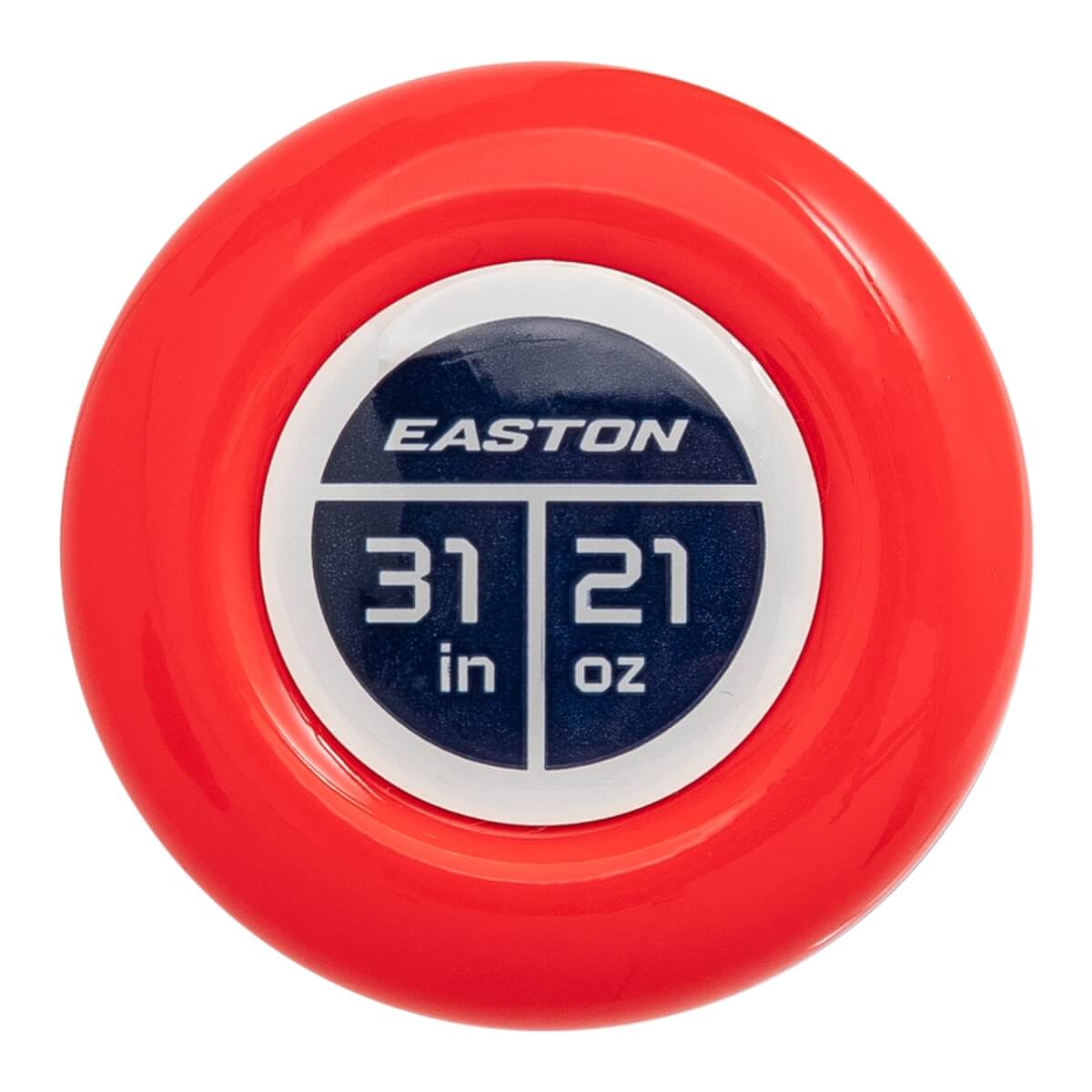 Top-down view of a red baseball bat end cap with a white and blue insert showing EASTON branding and 31 in 21 oz.