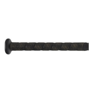Side view of a black baseball bat with a textured grip and gold dots.
