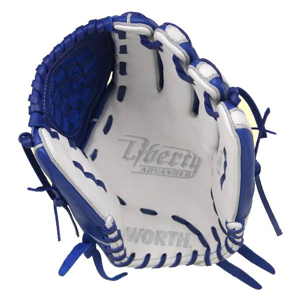 Interior view of a royal blue and white baseball glove with Liberty Advanced and WORTH branding.