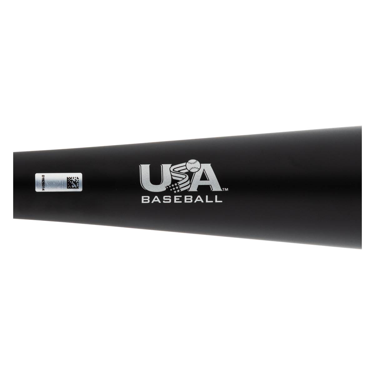 Side view of a black baseball bat with USA Baseball logo and barcode.