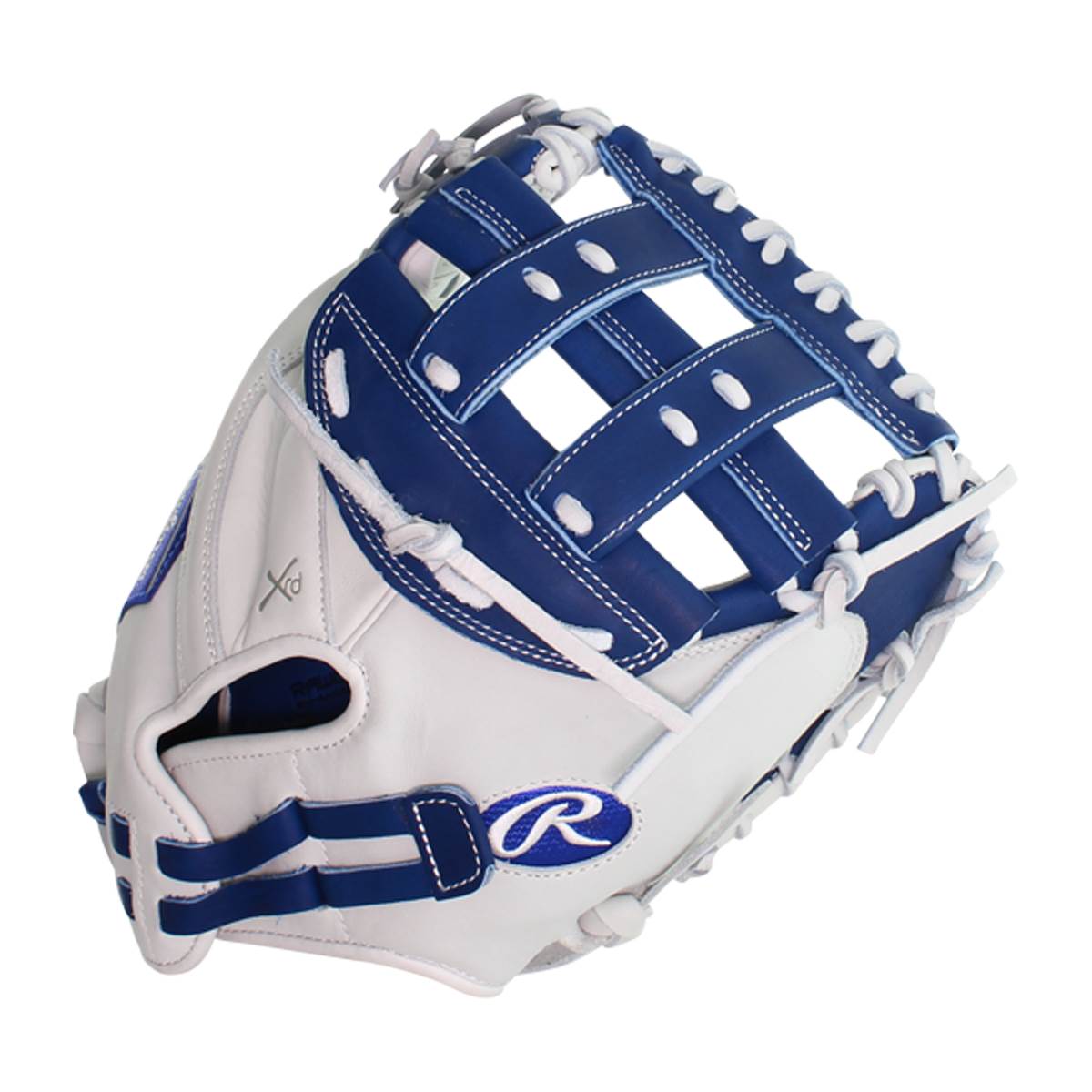 Side view of a white and blue catchers mitt with a Rawlings R logo and white lacing.