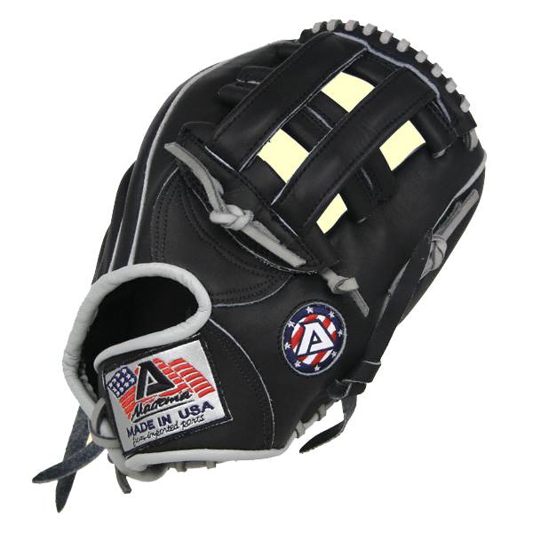 Front view of a black baseball glove with white stitching and a Made in USA patch.