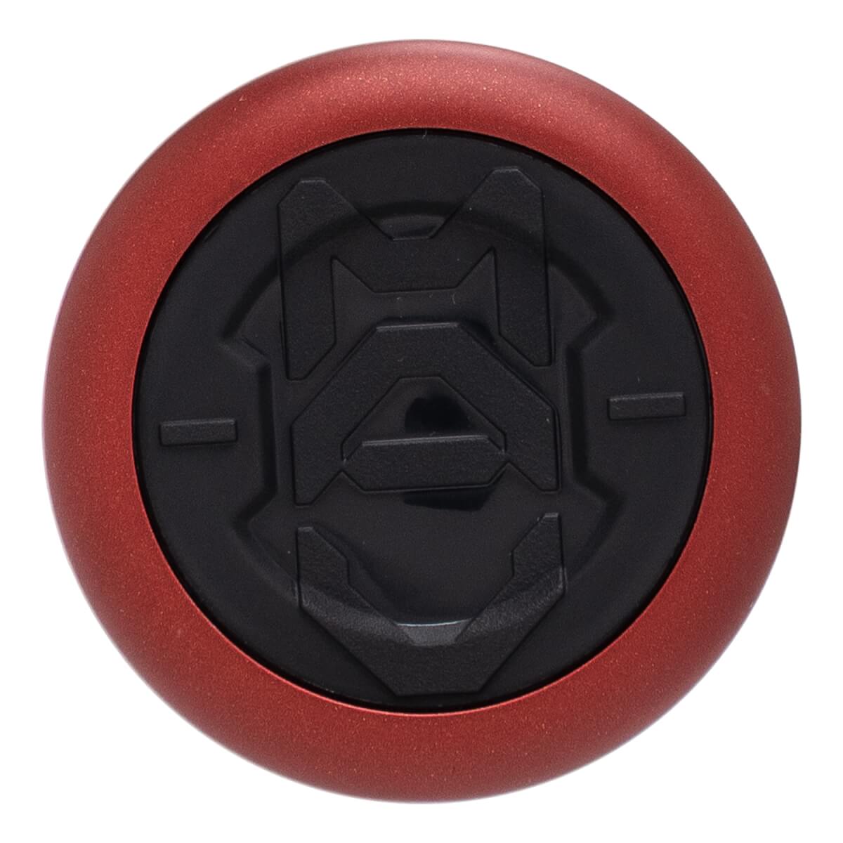 Top-down view of a metallic red and black bat end cap with a raised, stylized black geometric logo.