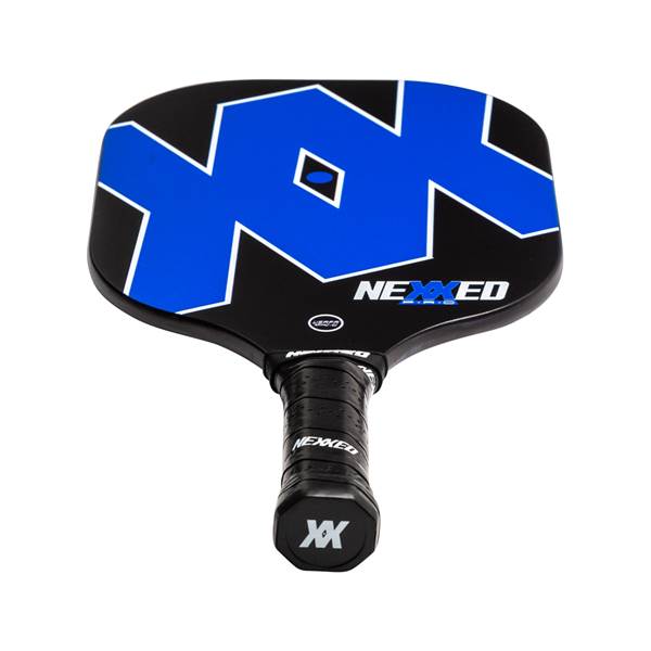 Top-down view of a black pickleball paddle with a blue geometric design and NEXXED branding.