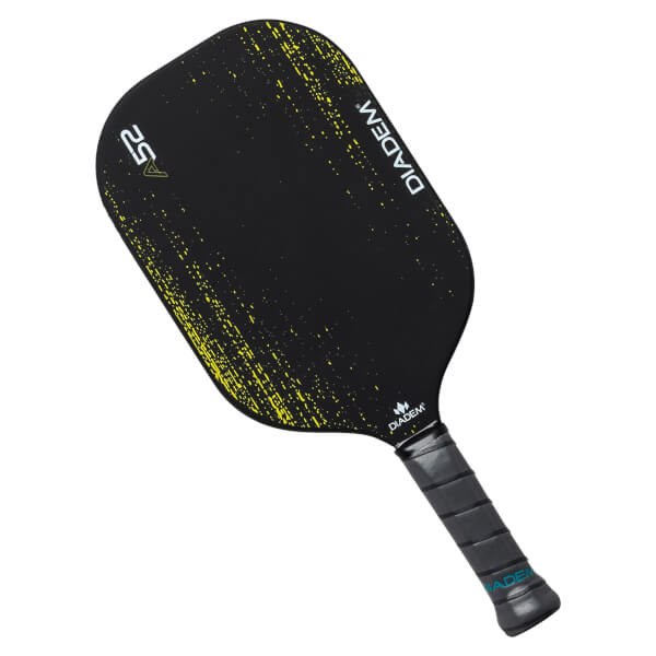 Top-down view of a black pickleball paddle with yellow speckle design, A52 and DIADEM text.