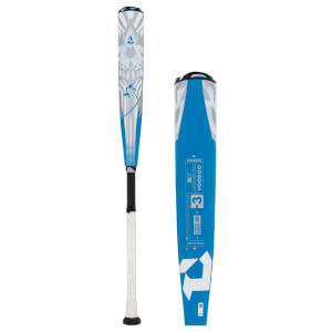 Side view of a blue baseball bat with VOODOO and 3 visible.