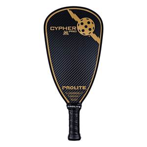 Front view of a black pickleball paddle with gold accents, CYPHER PRO text, and a pickleball graphic.