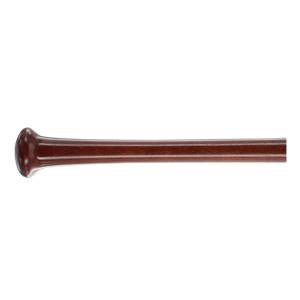 Side view of a brown maple baseball bat with a rounded knob and smooth barrel.