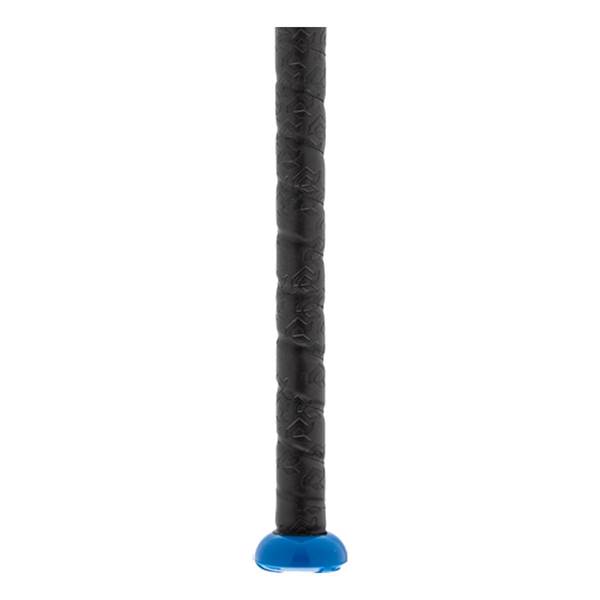 Close-up of a black fastpitch softball bat grip with a blue end cap.