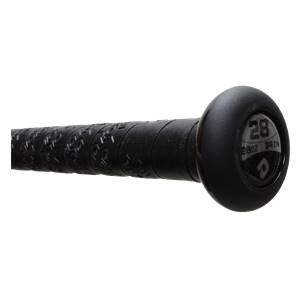 Close-up of a black softball bat grip with repeating pattern and end cap showing 28, 28oz, 34IN, and DeMarini logo.