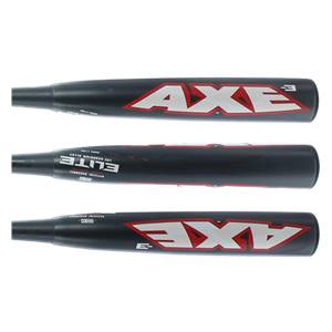 Side view of a black Axe Elite BBCOR baseball bat with red Axe branding and white Elite text.