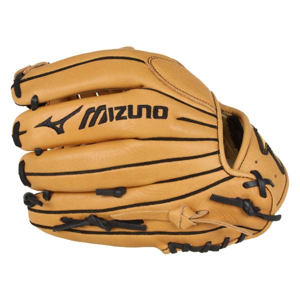 Side view of a tan baseball glove with black lacing and Mizuno branding.