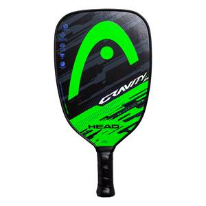 Front view of a black pickleball paddle with a large green HEAD logo and GRAVITY SH text.