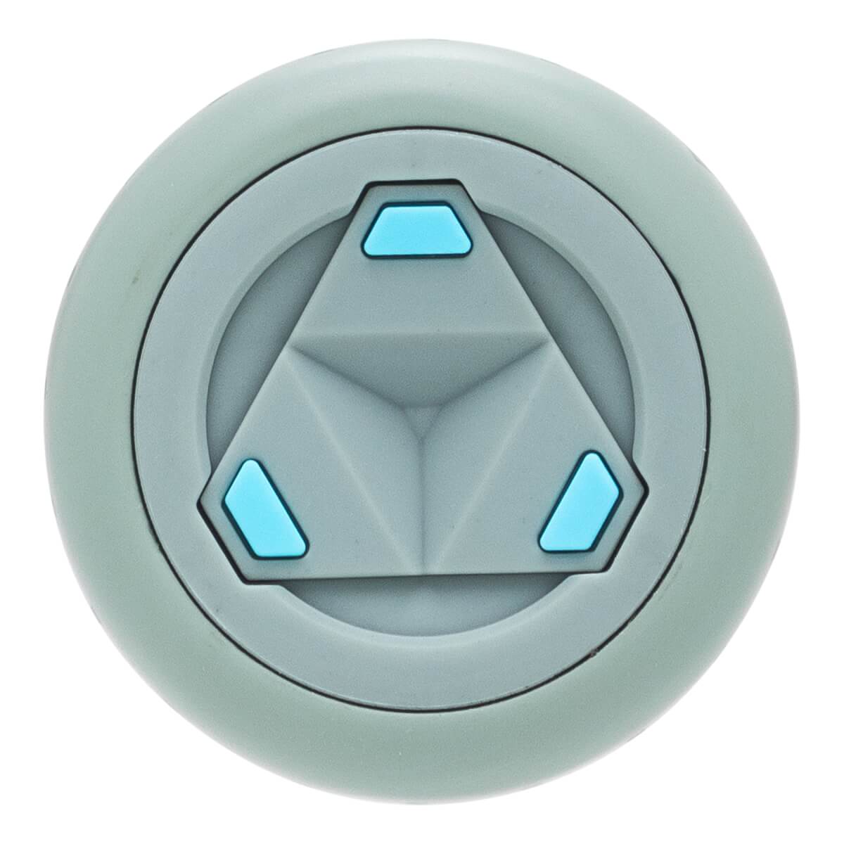Top-down view of a light green bat end cap with a grey central triangular design and three bright blue accents.