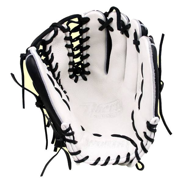 Interior view of a white baseball glove with black lacing and a yellow interior lining.